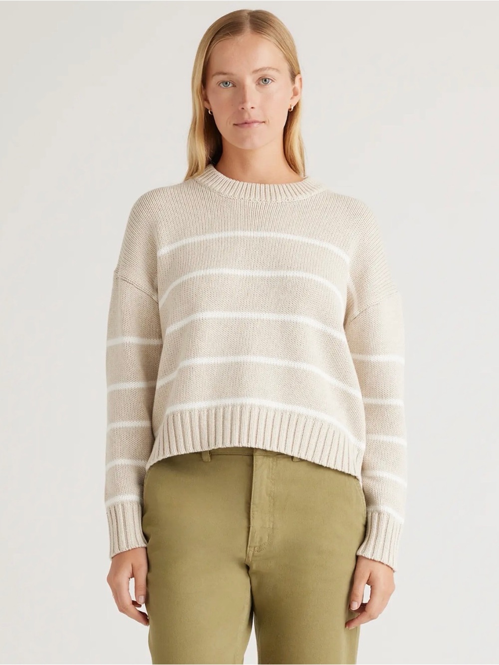 Quince Cream and White Striped Crewneck Sweater